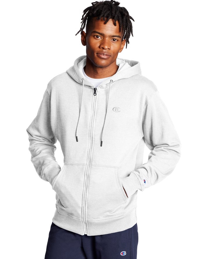 Champion Mens Hoodie NZ - Powerblend Fleece Full Zip C Logo Grey ( 2380-UOJNF )